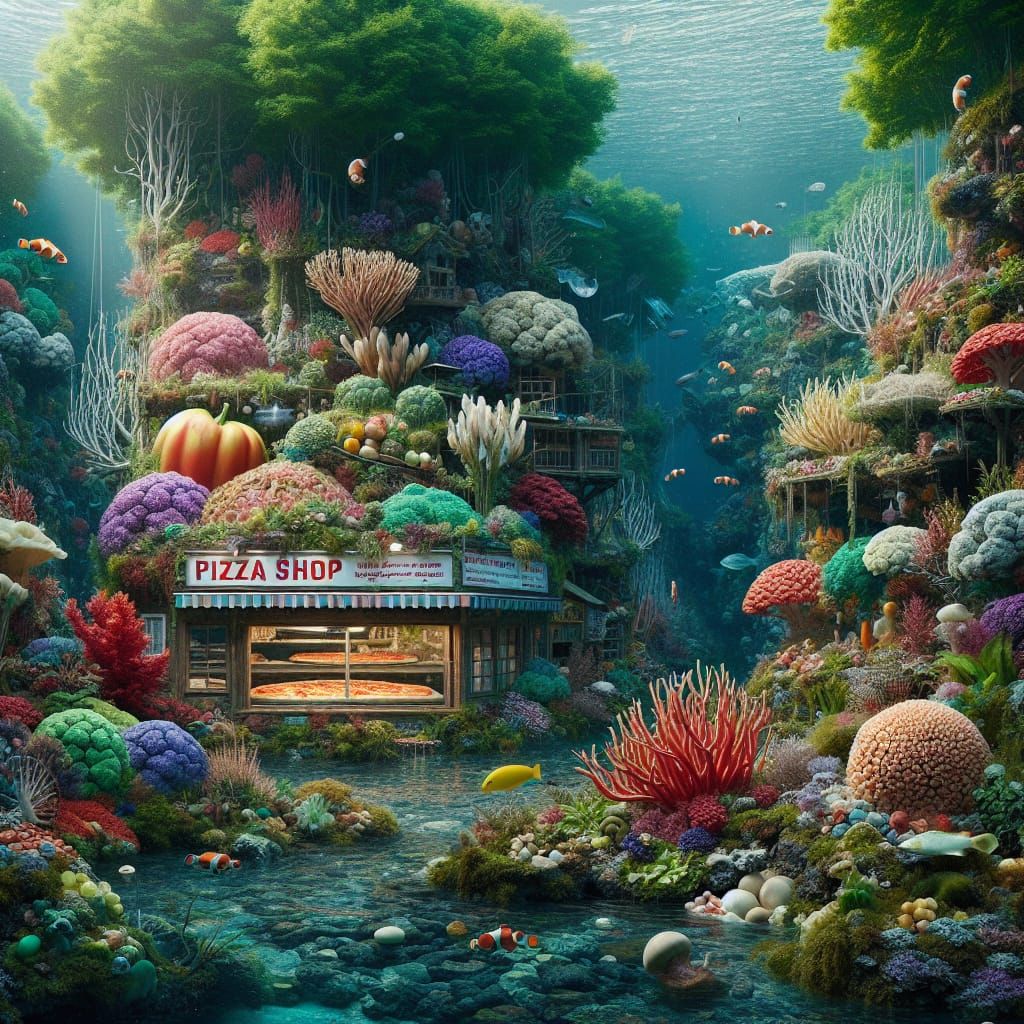 Underwater Garden Scene with Coral Reefs and Pizza Shop