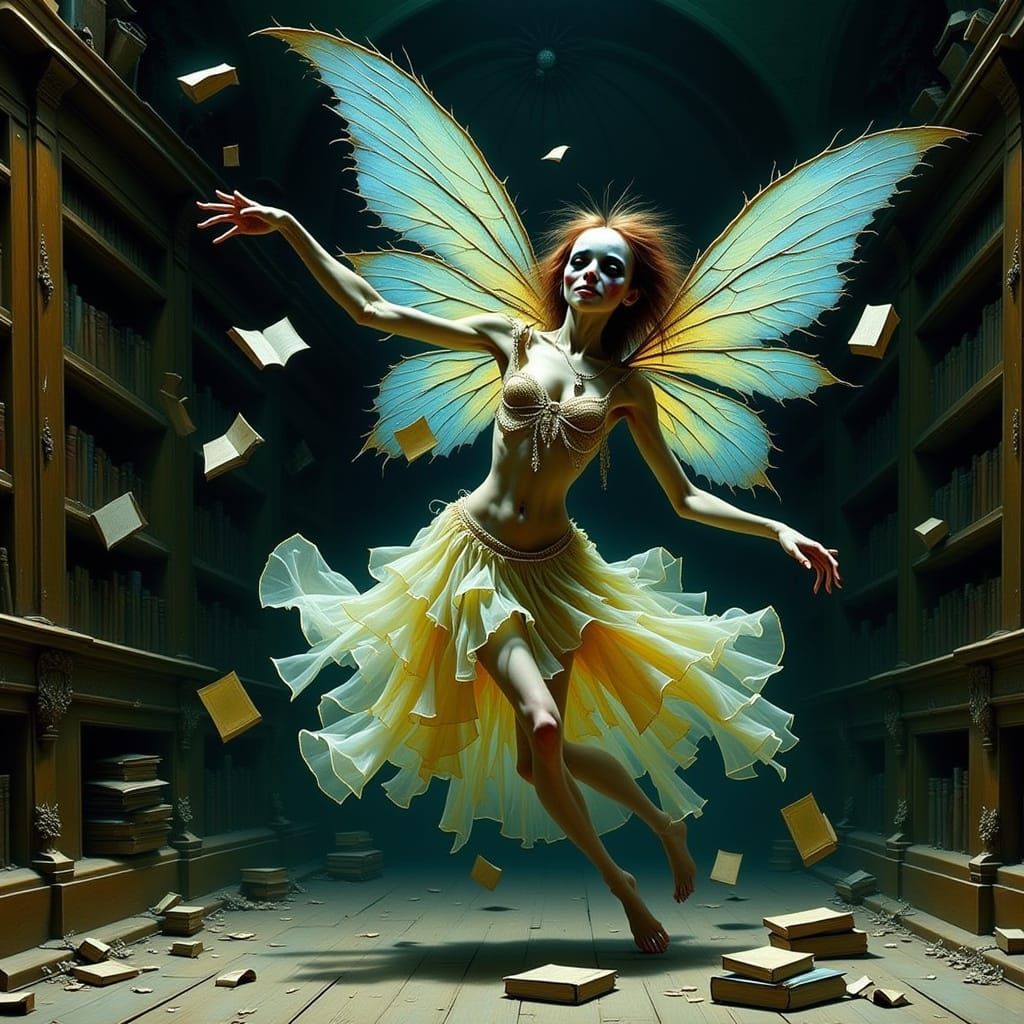 Dark Whimsy Fairy Dances in Abandoned Library
