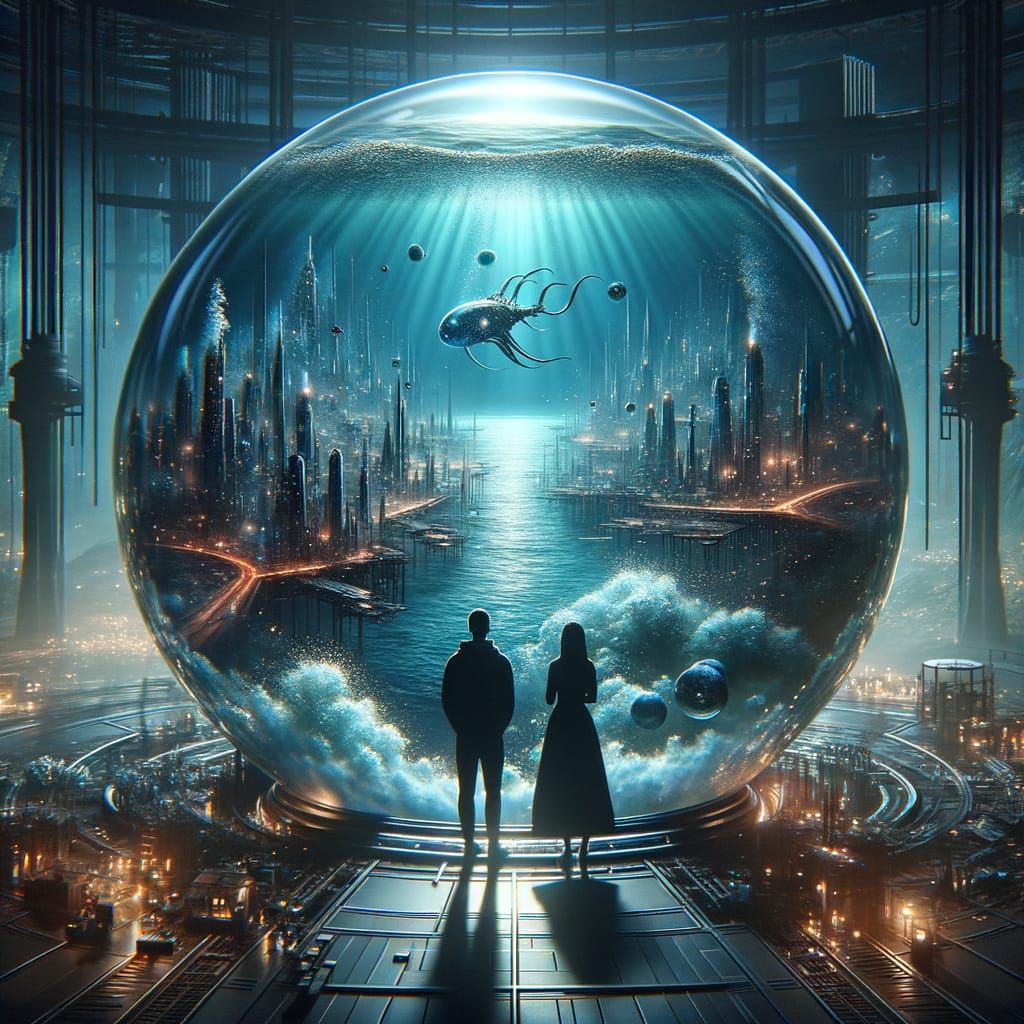 Hyper-Realistic Underwater City Scene in an Ethereal Glass S...