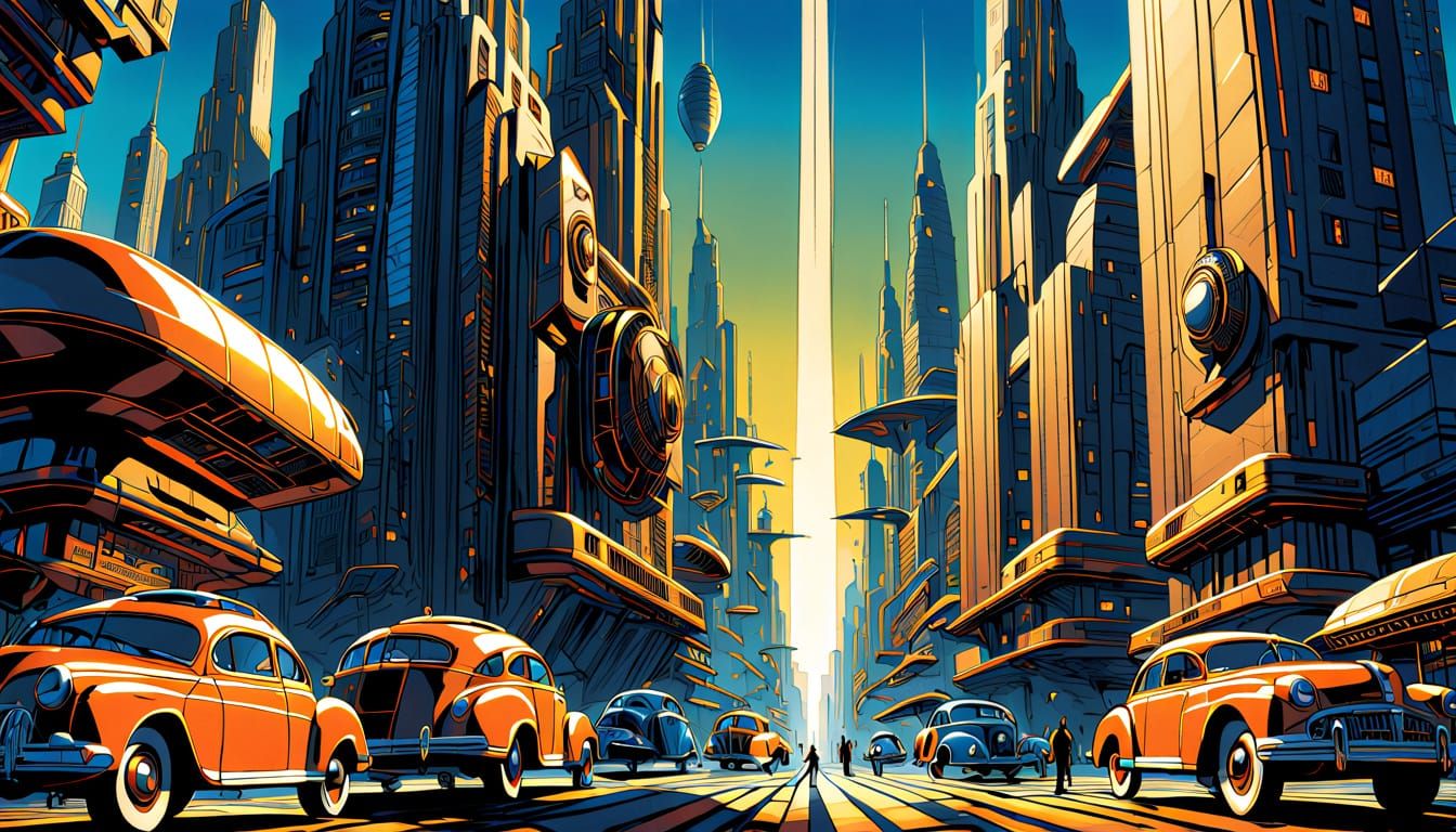 Retrofuturistic Cityscape in Art Deco Style