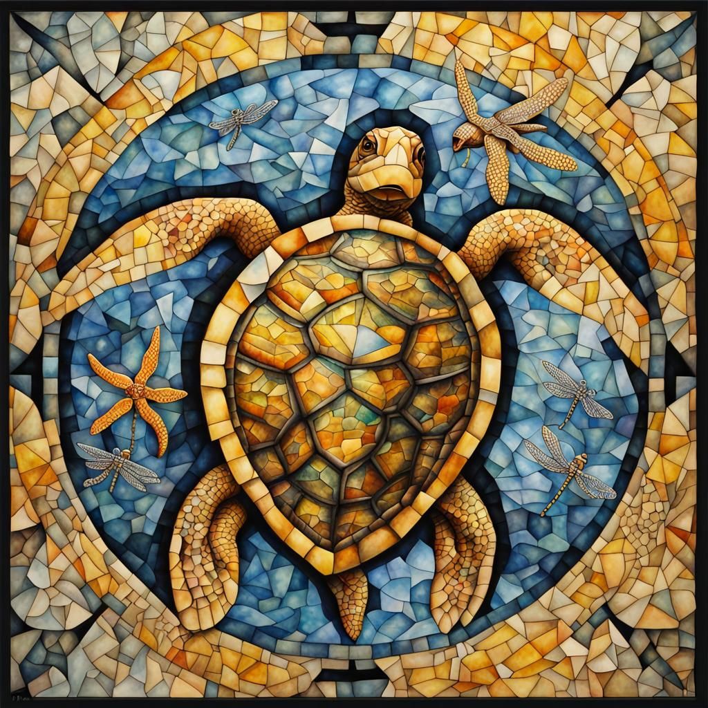 Underwater Turtle in Stained Glass Mosaic Pattern