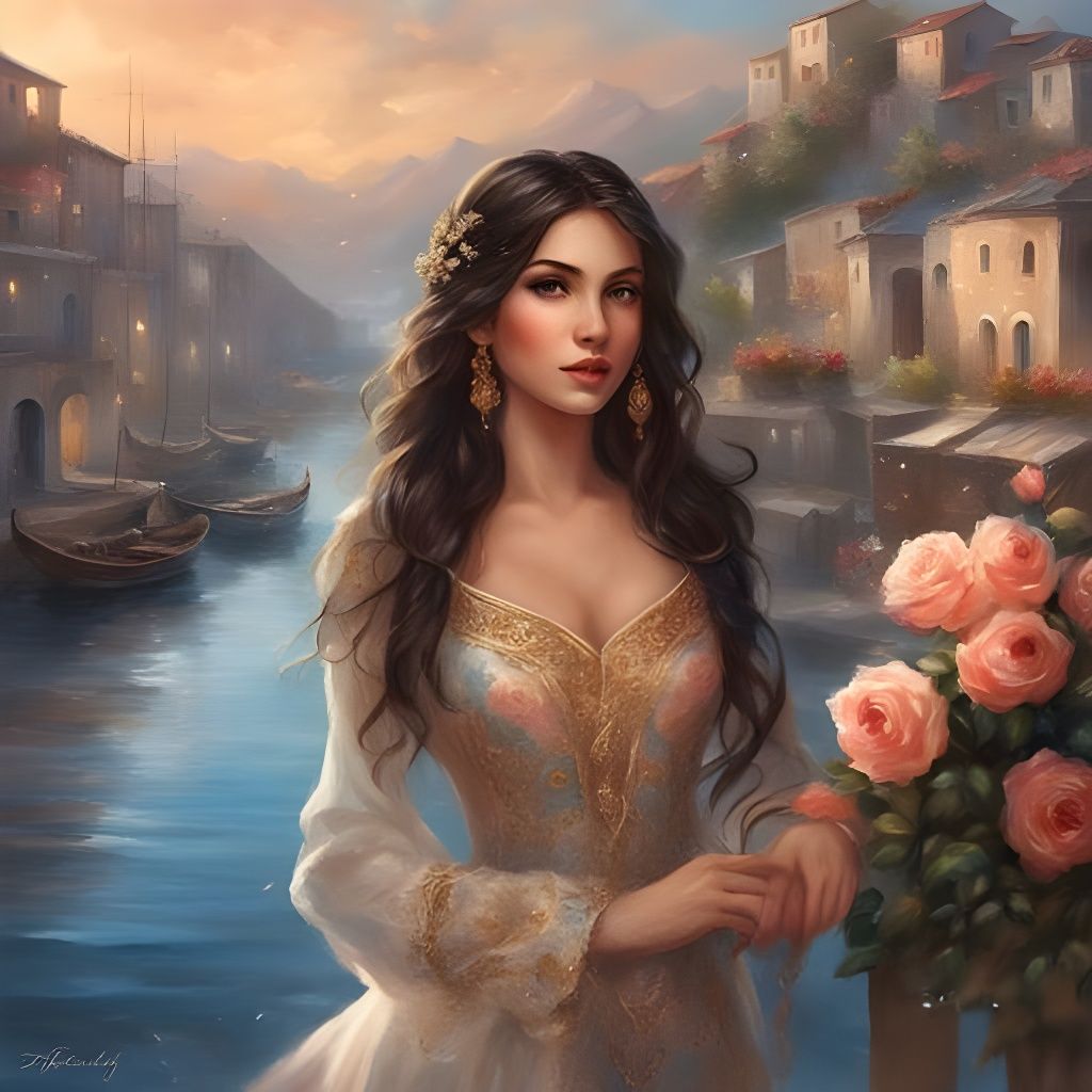 Portrait of Serbian Girl with Roses, Royo Style