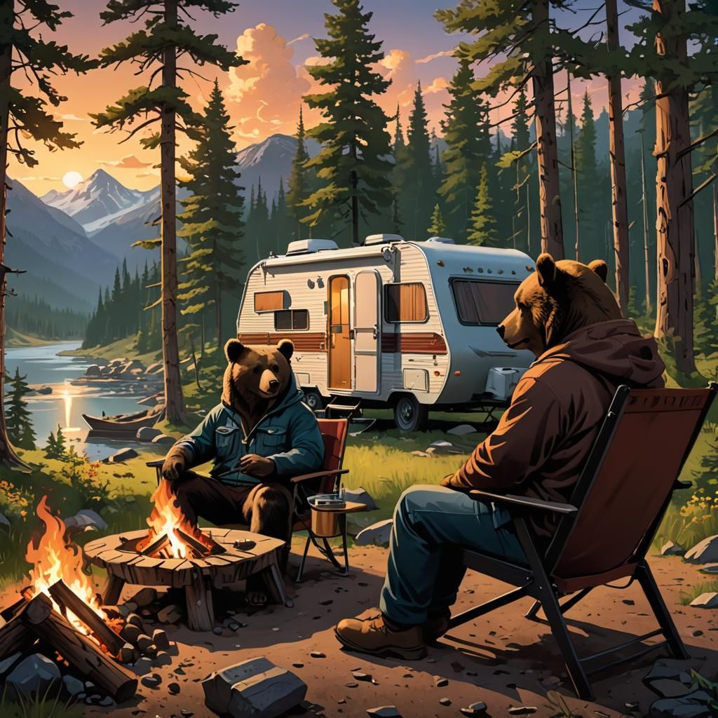 Bear Couple Camping in Cel-Shaded Comic Art