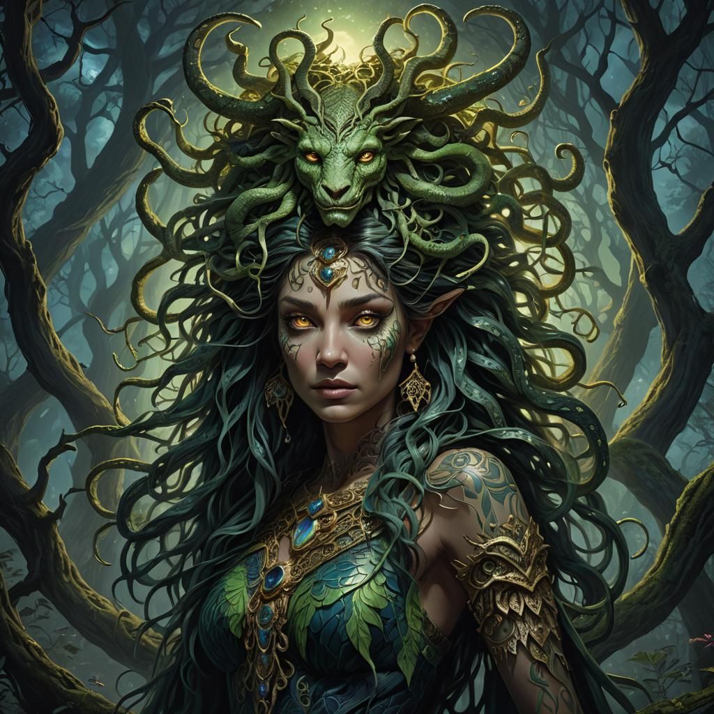 Gorgon Queen Emerges in Moonlit Forest