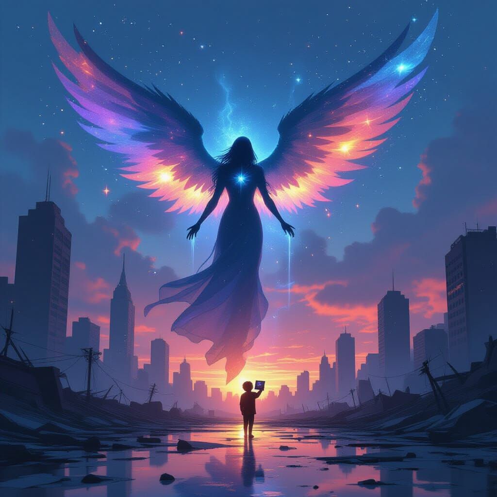 Cosmic Angel Descends on Shattered Cityscape at Twilight