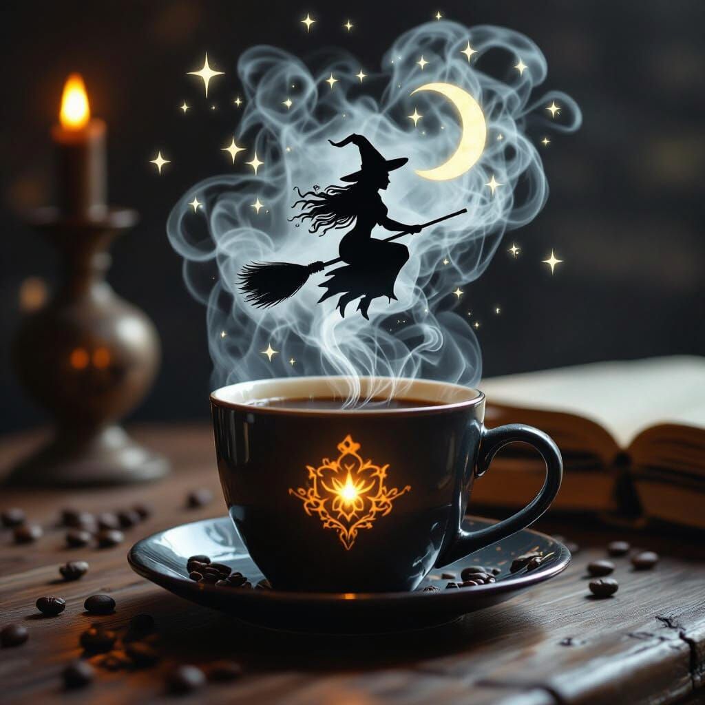 Enchanted Coffee: Witch in Dreamlike Sky, Gothic Art