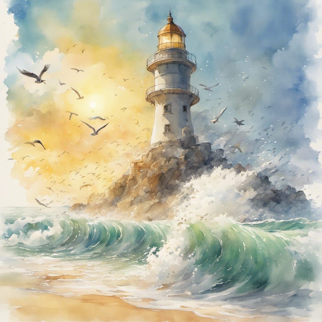 Idyllic Lighthouse Seascape in Watercolor Style