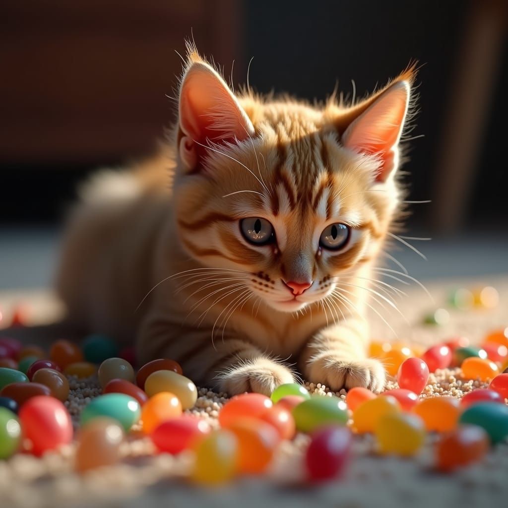 Cat Rolling in Jellybeans: Hyper-Realistic Digital Art