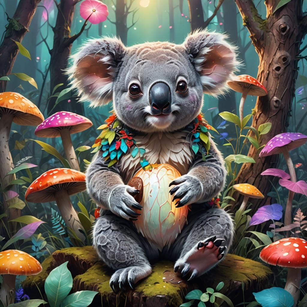 Koala and Spider in Whimsical Forest: Fantasy Art
