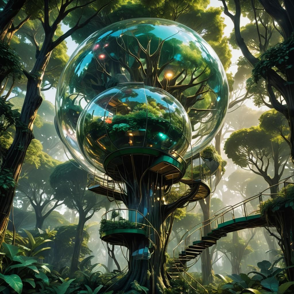 Futuristic Plexiglass Treehouse in Surreal Concept Art