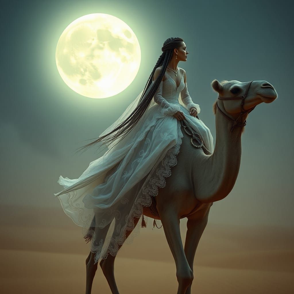 Ethereal Victorian Woman Rides Camel in Desert