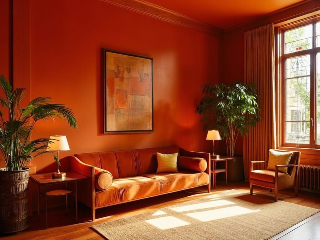 Warm Mid-Century Modern Living Room with Earthy Tones and Re...