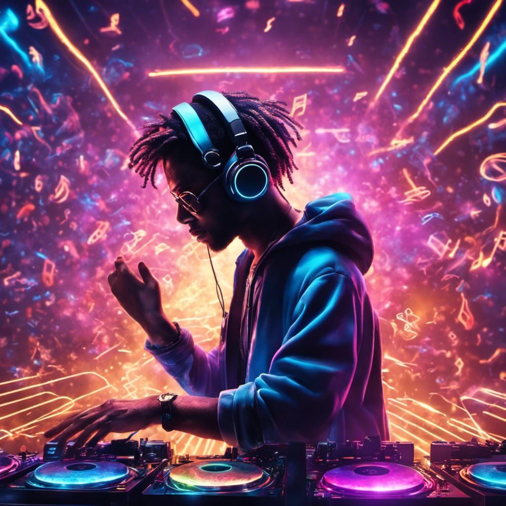 DJ at Rave with Floating Music Notes in Digital Art