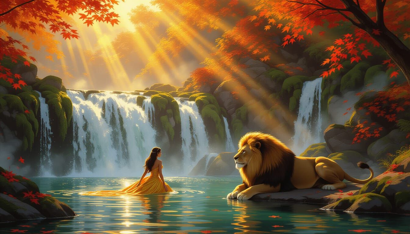 Majestic Autumn Waterfall with Lady and Lion