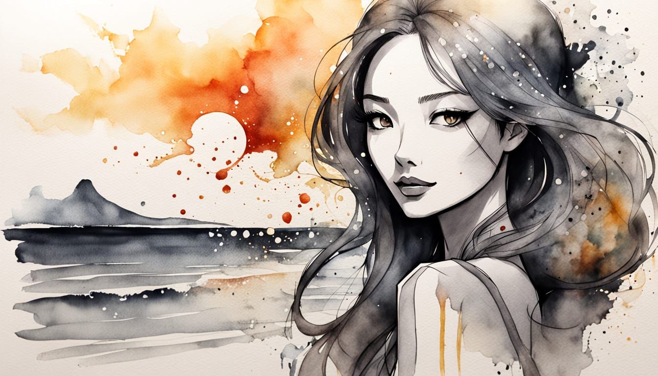 Redhead Sipping Pina Colada in Sumi-e Style