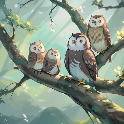 Cute Fluffy Owls on Branch: 3D Anime Art