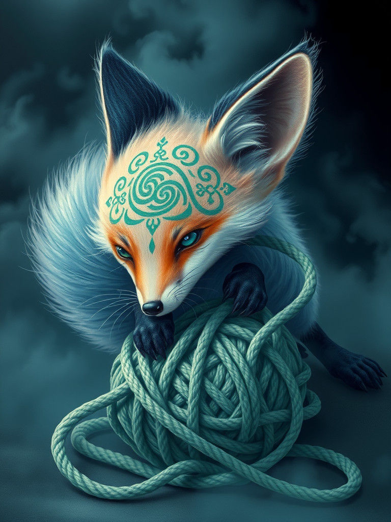 Pastel Fox Playing with Yarn in Mystical Realism Style