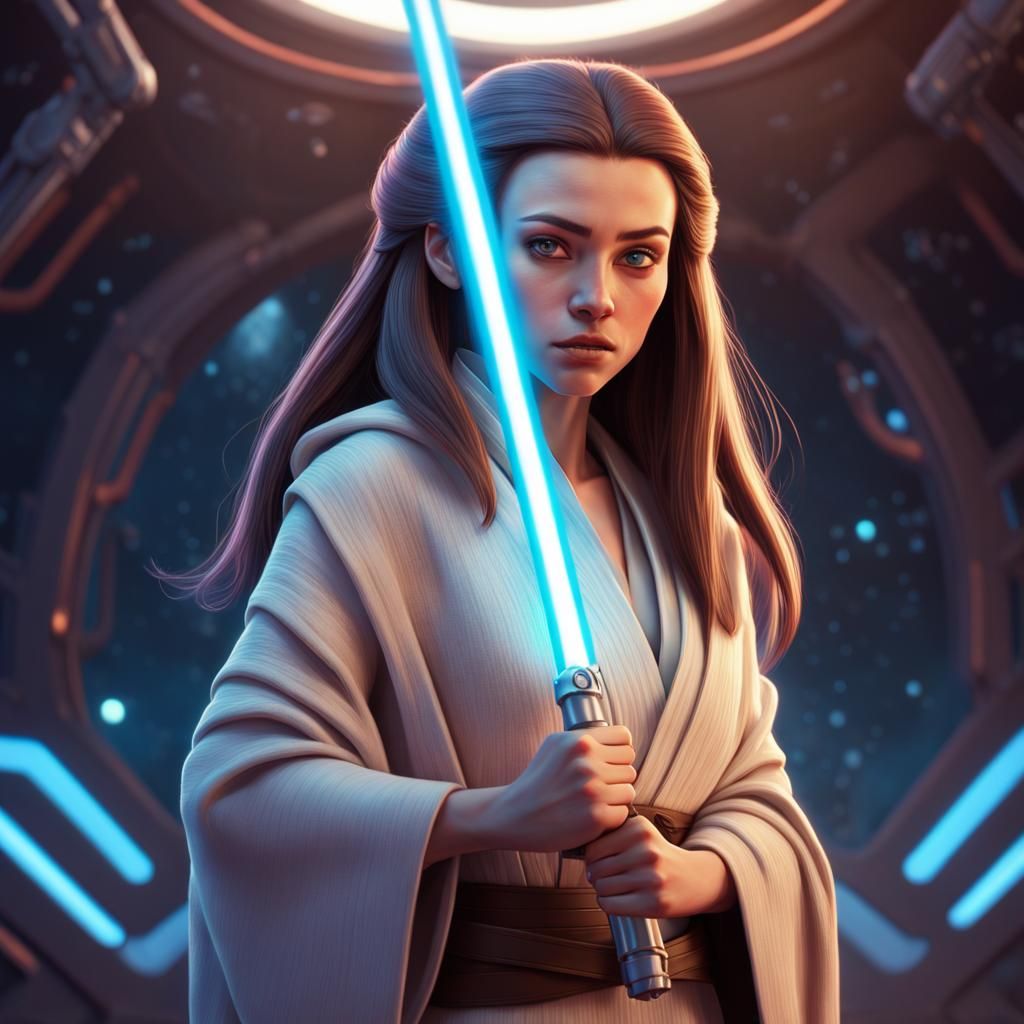 Jedi Girl with Starship, 3D Digital Art