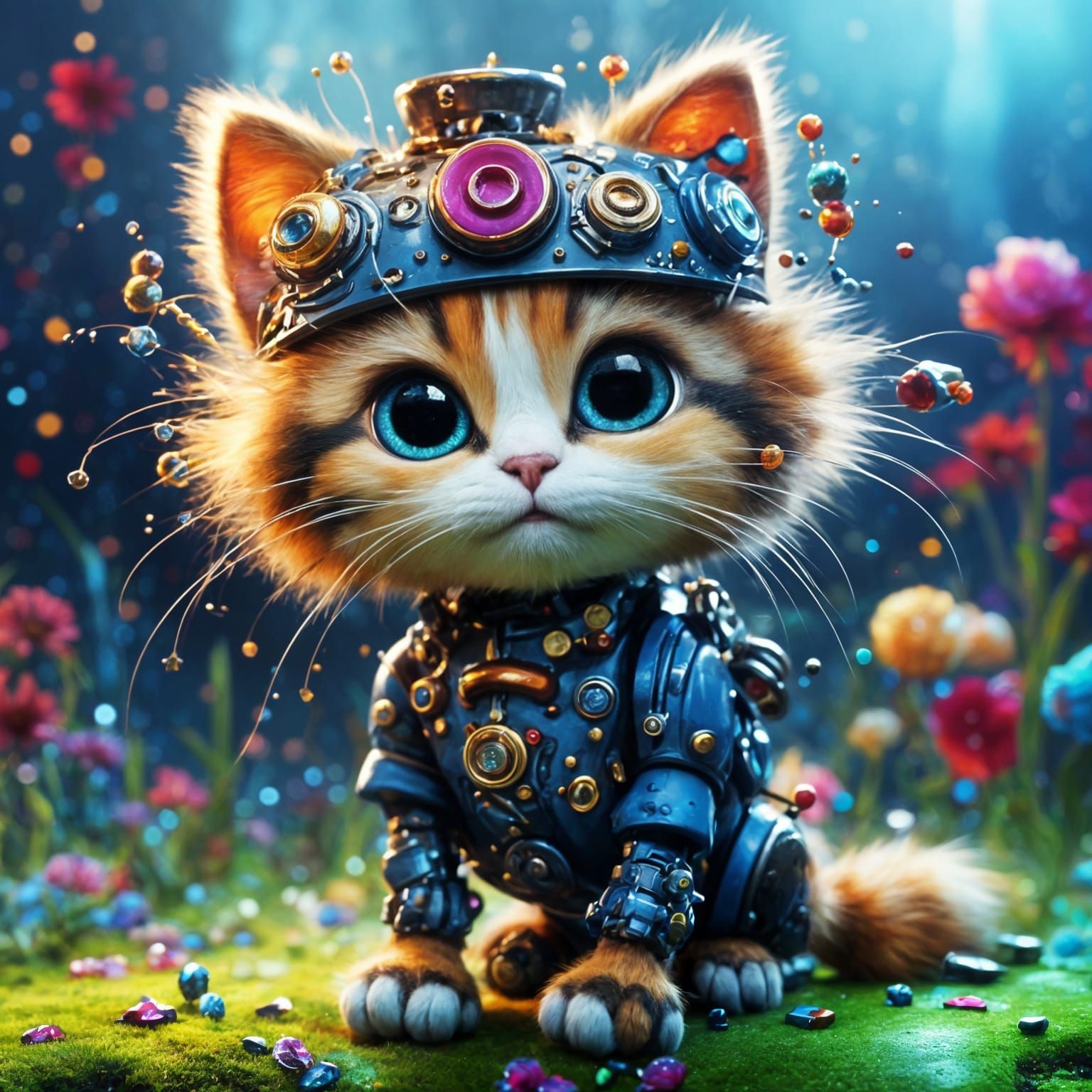 Cyborg Kitten with Mohawk in Graffiti Art Style