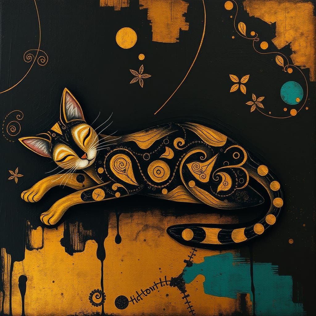 Cat Sleeping in Black and Gold Wachtmeister Style