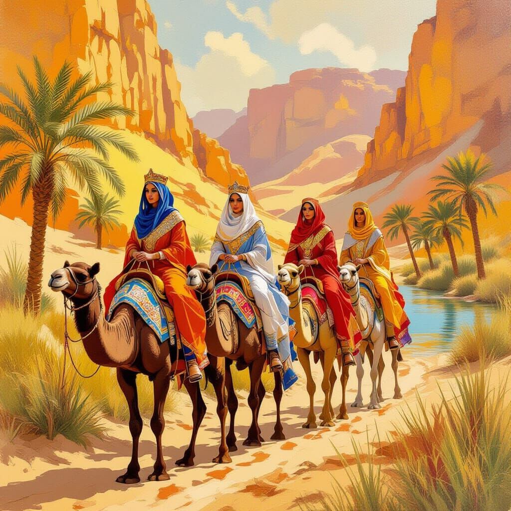 Three Queens Ride Camels Through Desert Landscape