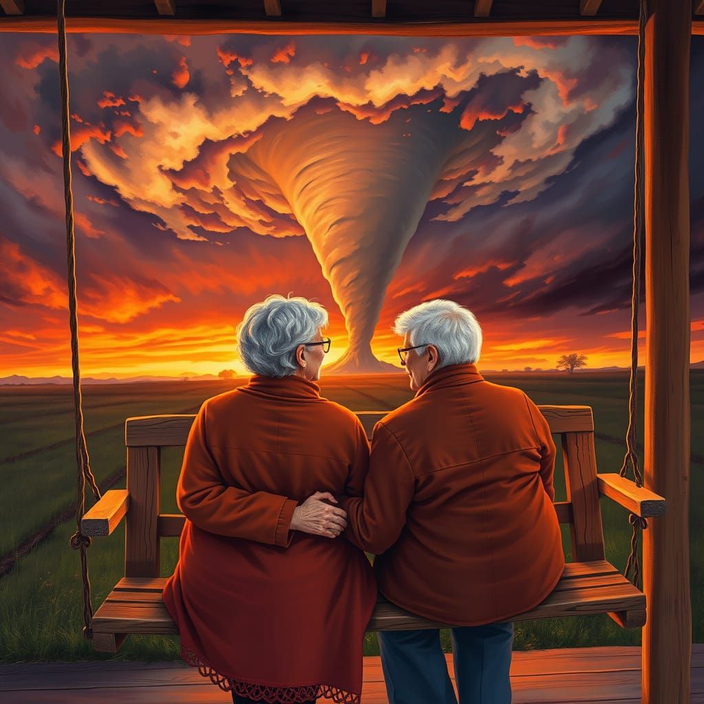 Surreal Sunset Scene of Elderly Couple and Tornado, in Warm,...