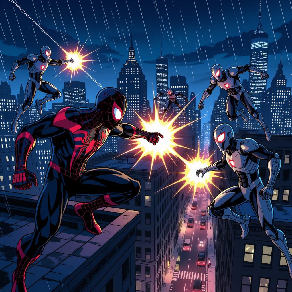 Spider-Man Fights Futuristic Androids in Dynamic Comic Style