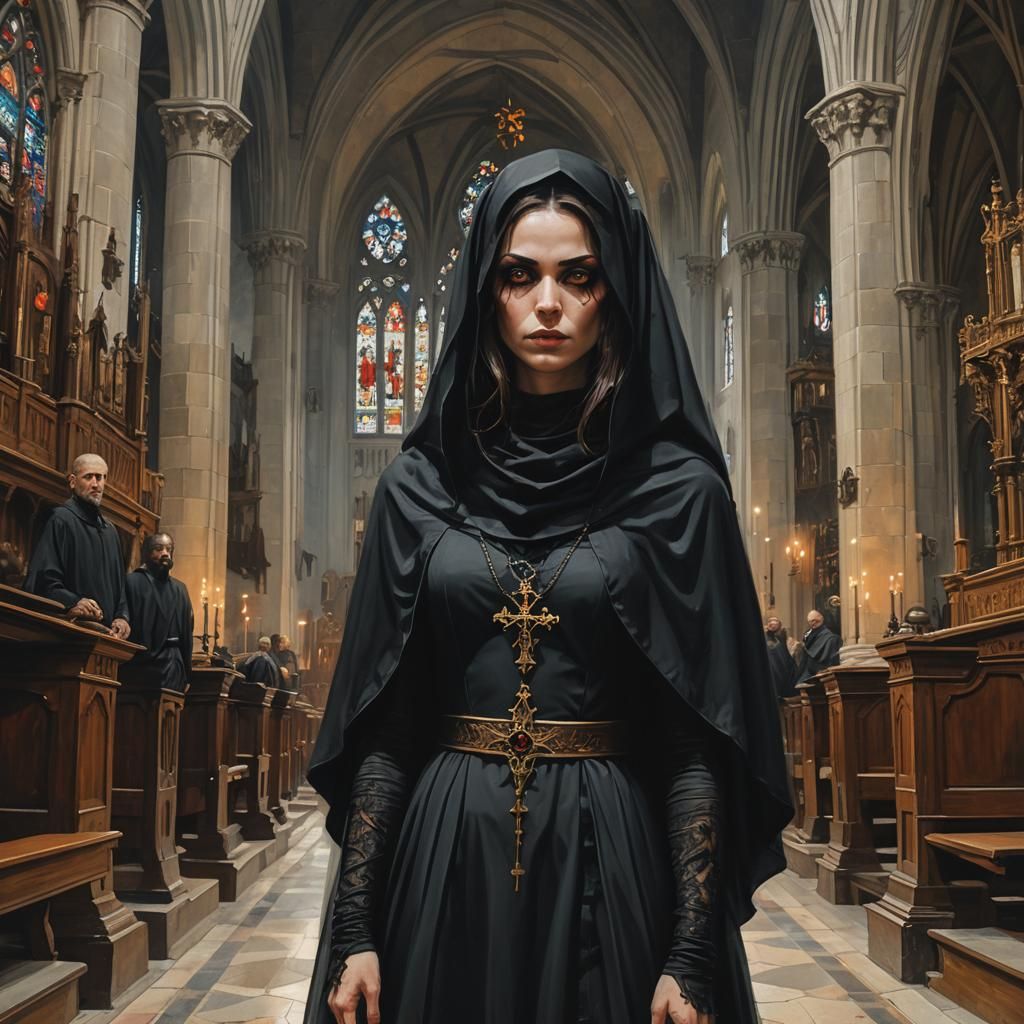 Medieval Girl with Veil in Church, Sinister Art