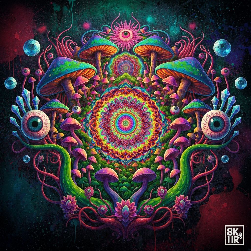 Psychedelic Polynesian Forest Mandala with Glowing Mushrooms