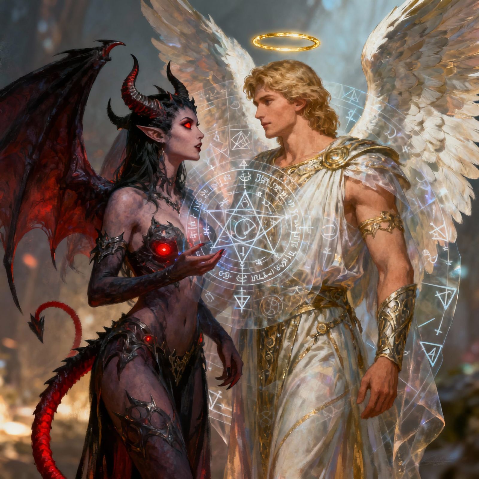 Angel and Demon Interaction in Detailed Illustration Style