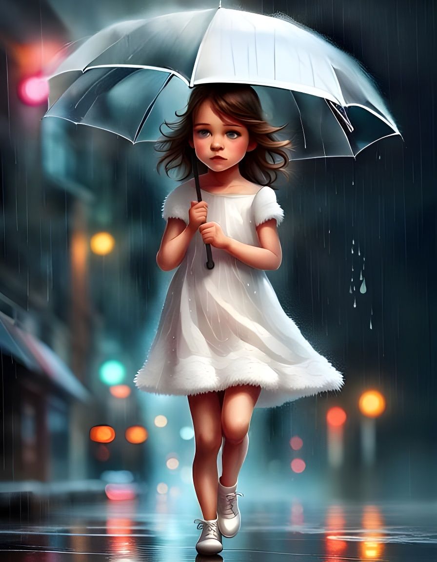 Girl with Umbrella in Rain, Ethereal Digital Art