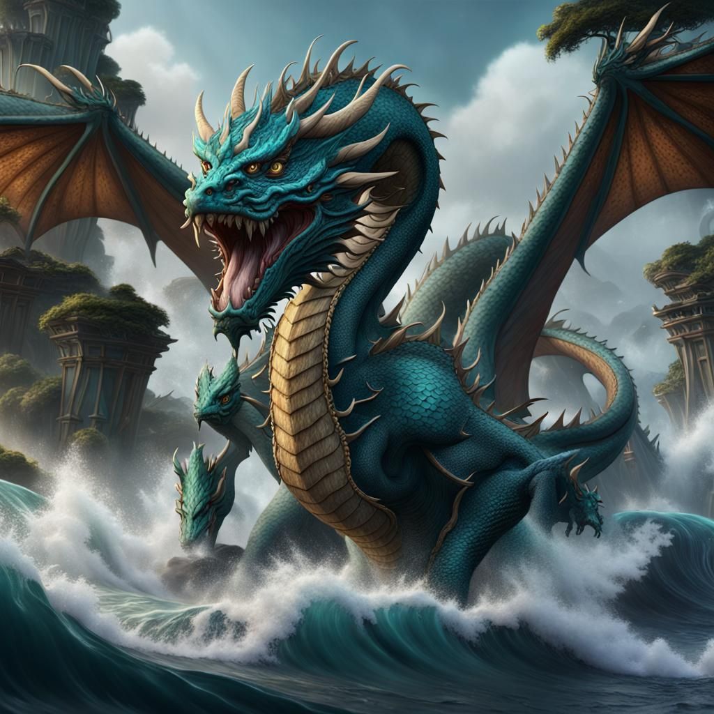 Water Dragon Rides Tsunami: Detailed Fantasy Art