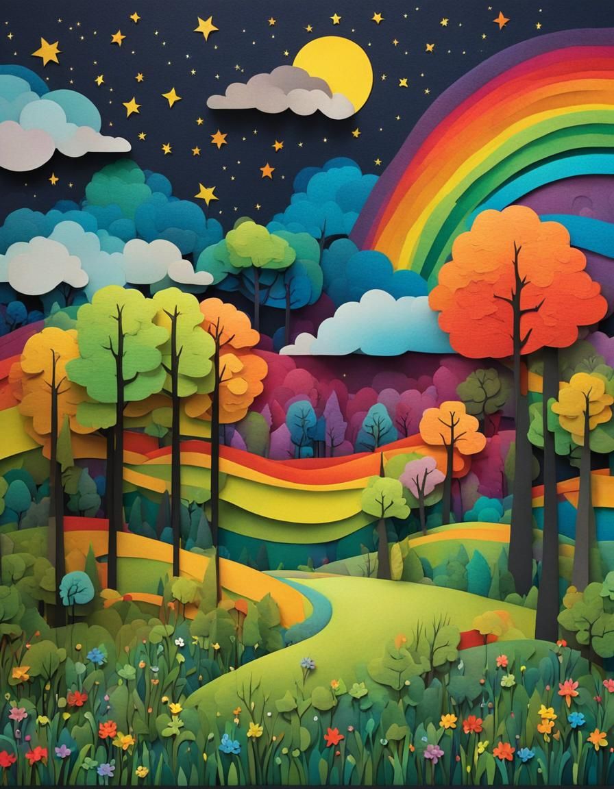 Rainbow Forest in Papercut Style Under Starry Sky