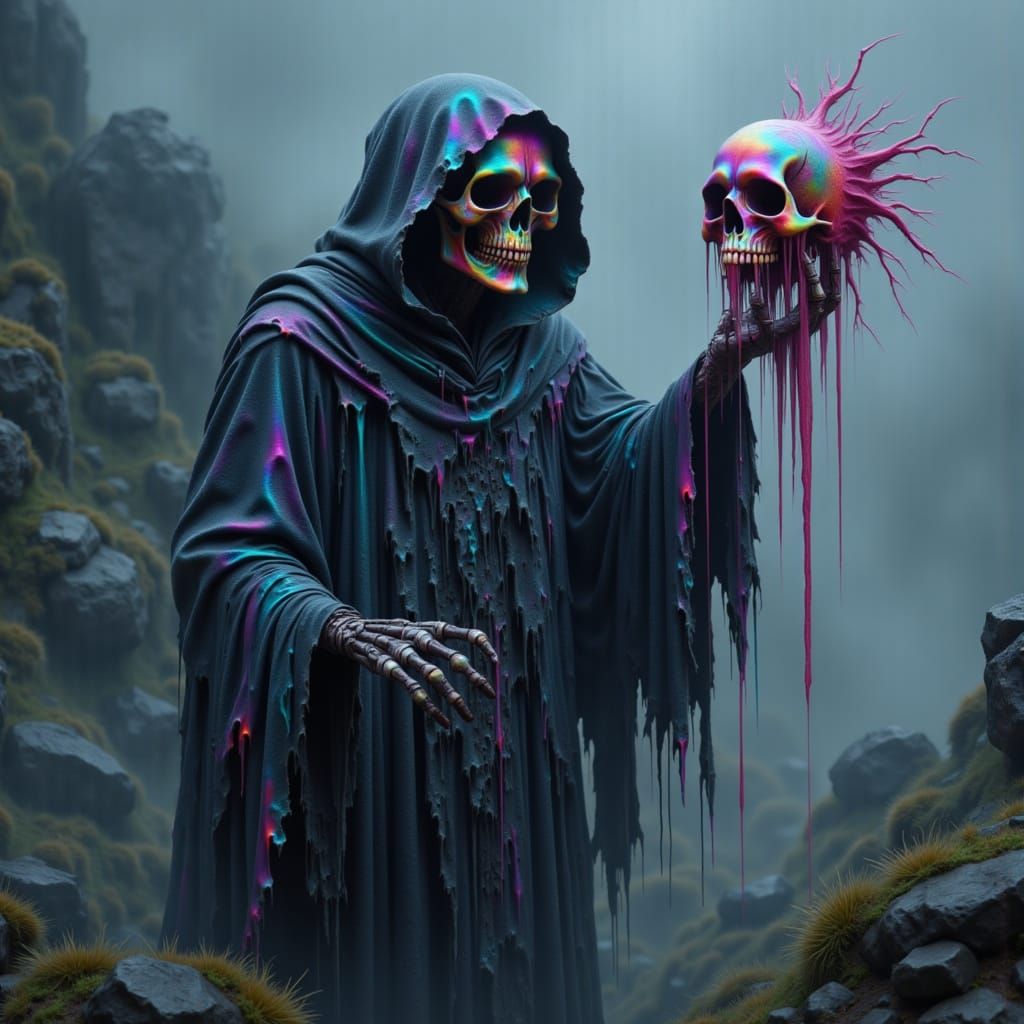 Ethereal Grim Reaper in Iridescent Robes Melts a Skull with ...