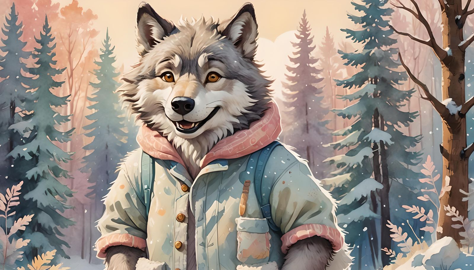 Anthropomorphic Wolf Character in Pastel Drawing