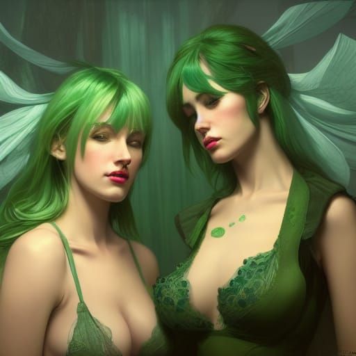 Green-Haired Women in Lingerie: Hyperdetailed Concept Art