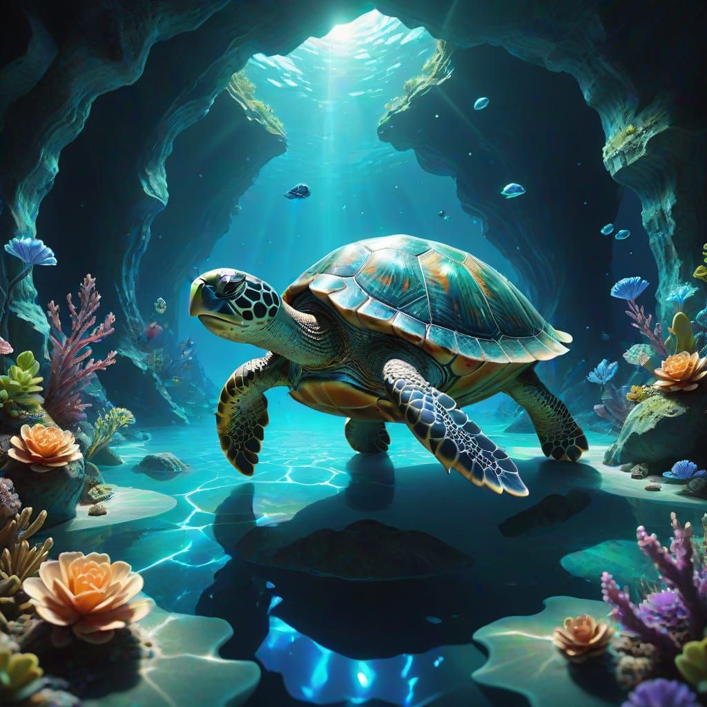 Crystal Turtle in Luminous Water Cavern