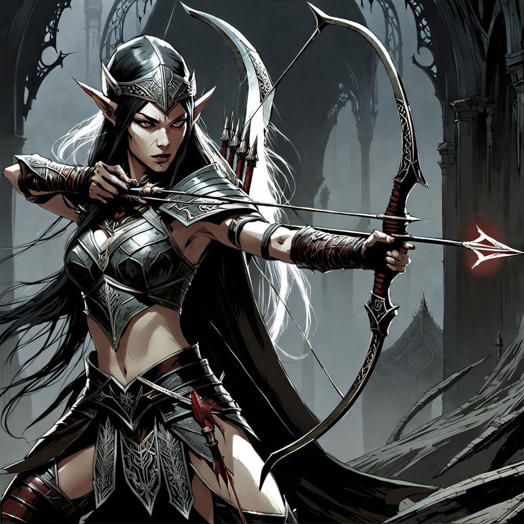 Demonic Elven Huntress with Daedric Bow