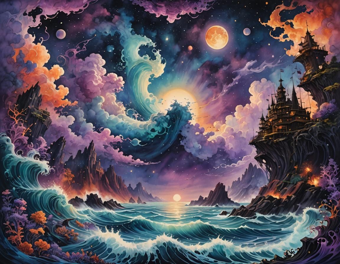 Surreal Sky-Sea Reflection in Cosmic Watercolor Style