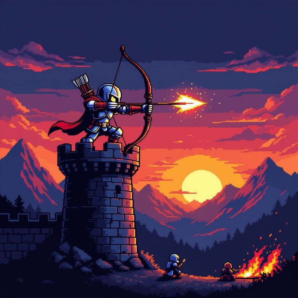 Heroic Archer on Castle Turret in 8-Bit Style