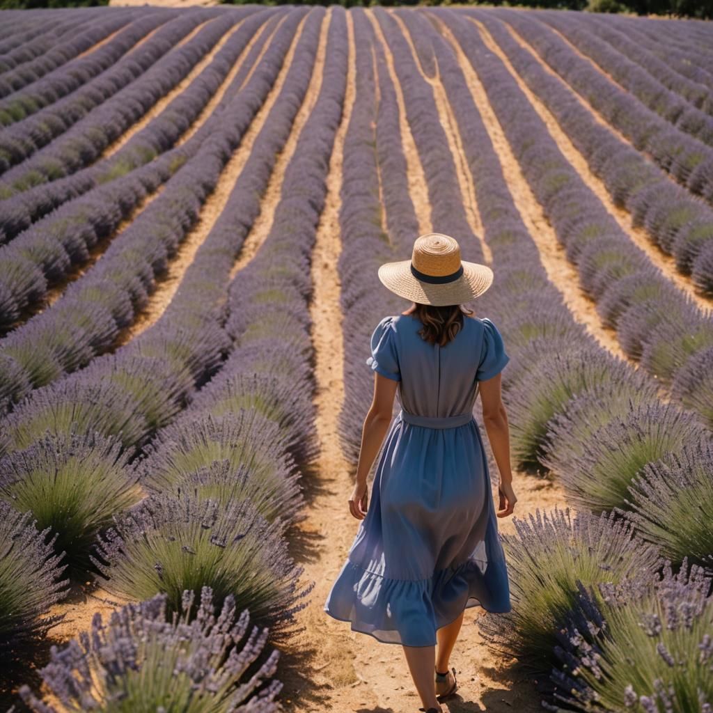 Woman Walking Lavender Field in Provence at Golden Hour
