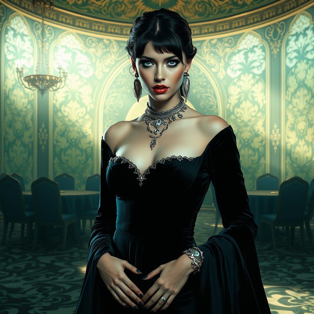Ethereal Gothic Goddess in Art Nouveau Ballroom