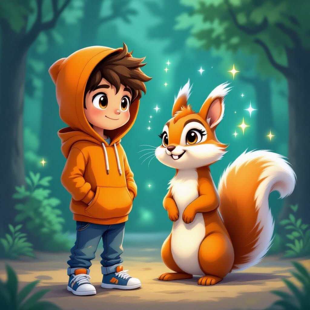 Determined Boy Ethan and Magical Squirrel in Miyazaki Style