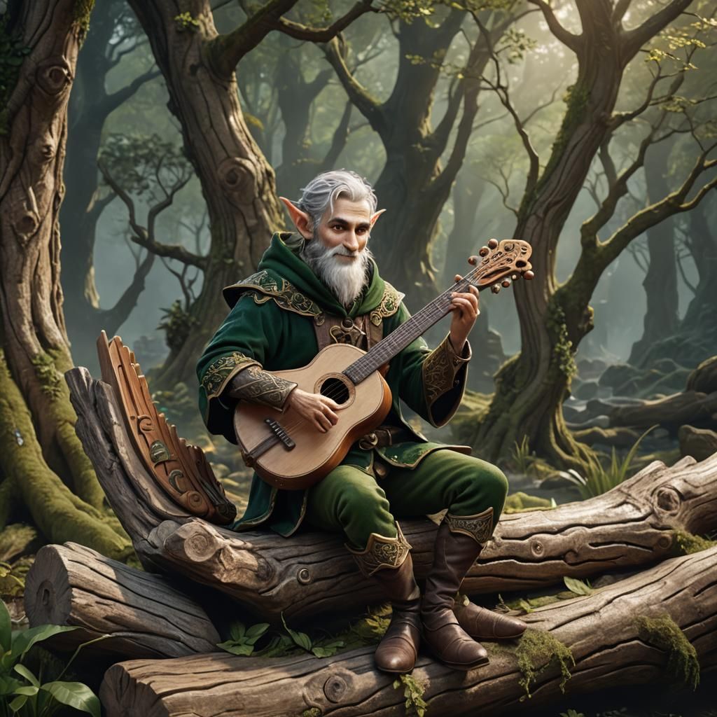 Young Elf Bard with Harp: Fantasy Art