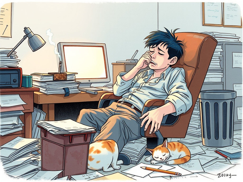Weary Worker Asleep at Desk in Manga Watercolor