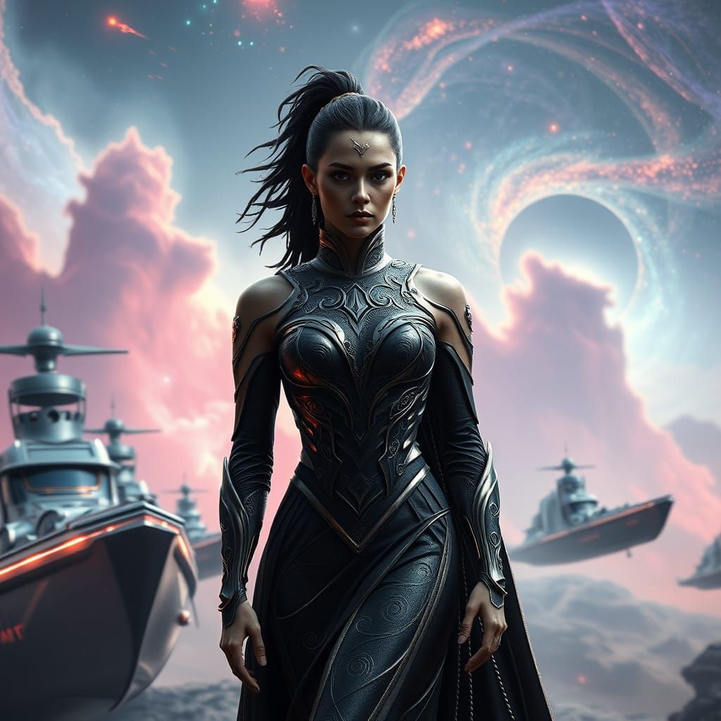 Futuristic Boudicca Commands Chrome Longships in Cosmic Nebu...