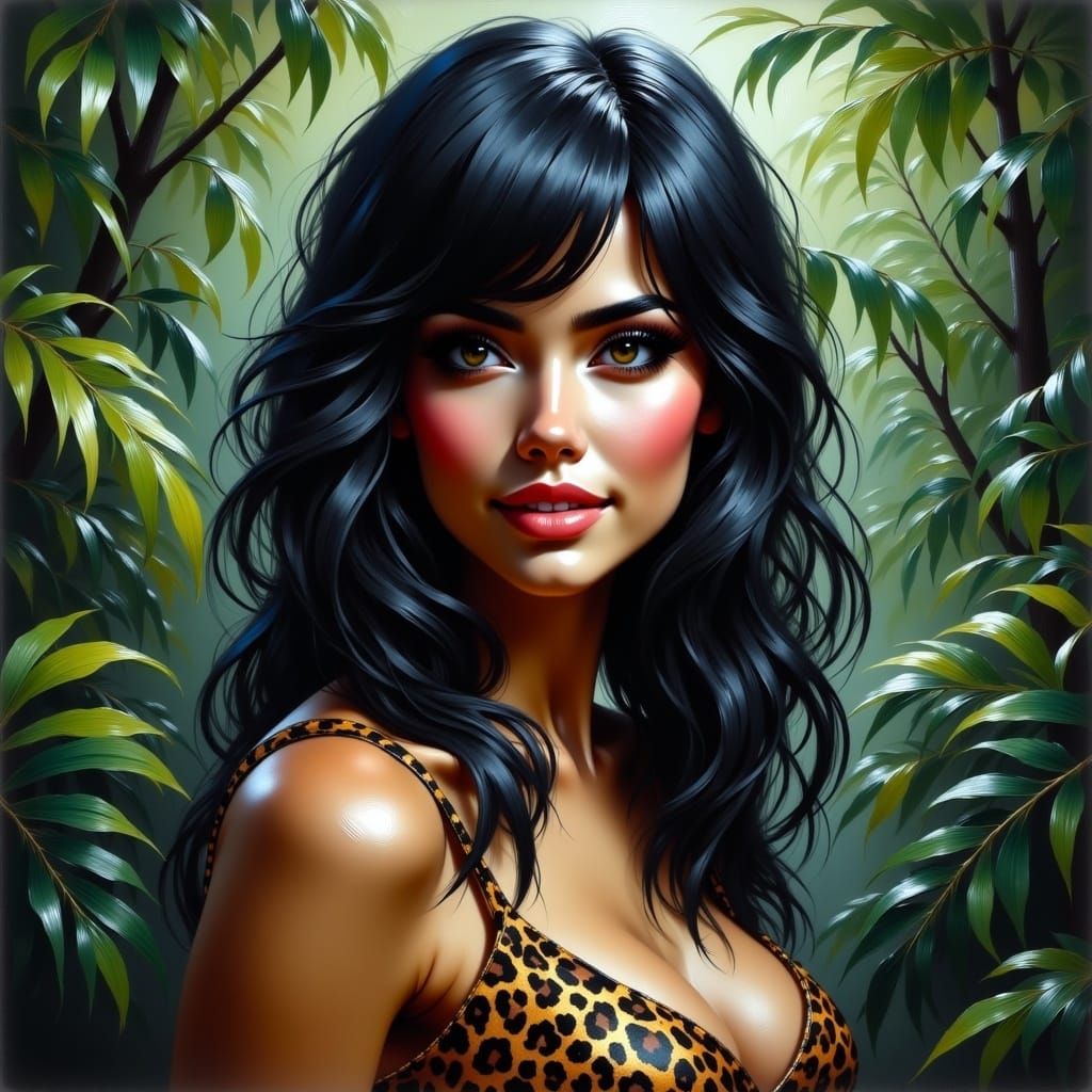 Woman with Leopard Skin in Jungle, Comic Book Art