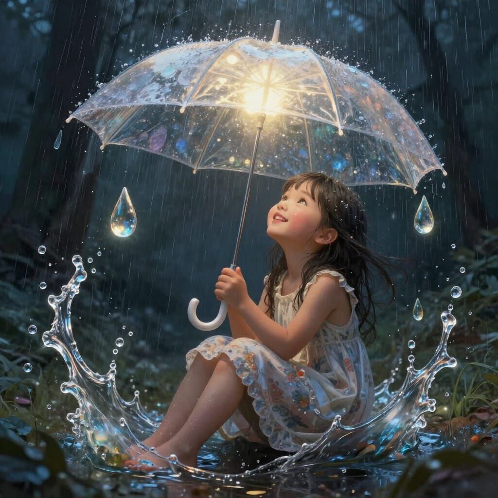 Joyful Girl Sheltered by Light Umbrella in Fantastical Rain