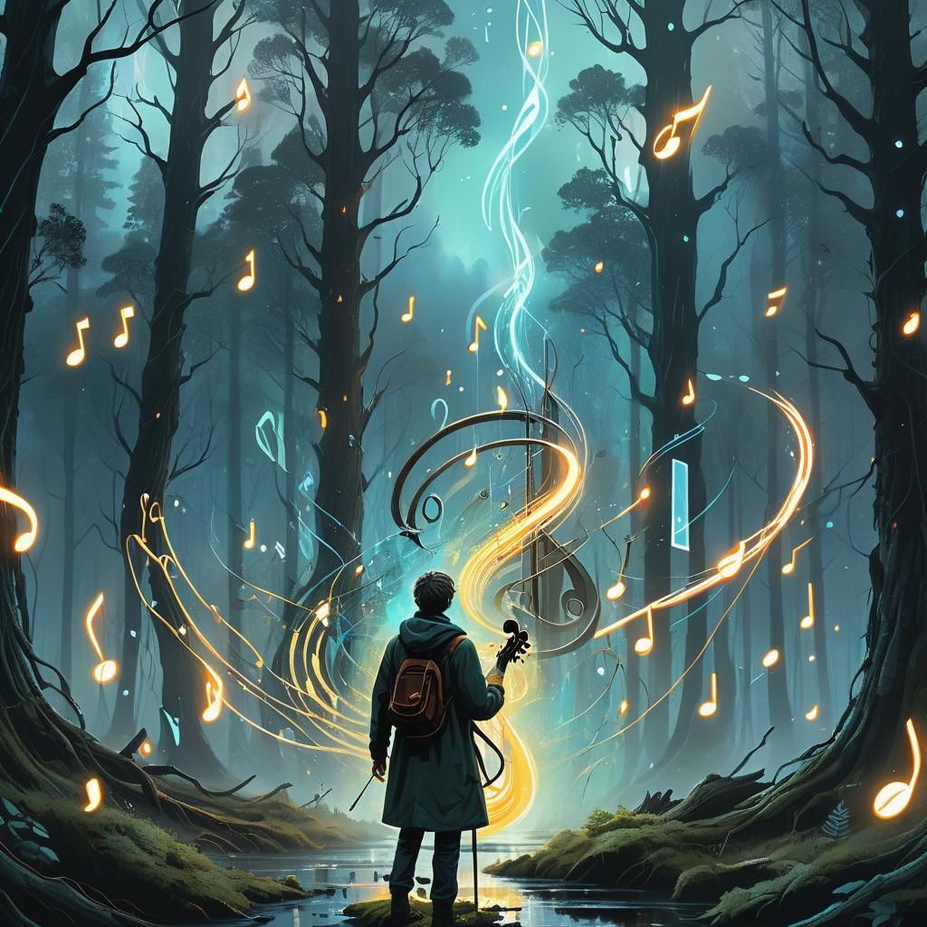 Ethereal Musician in Mystical Forest: Digital Art