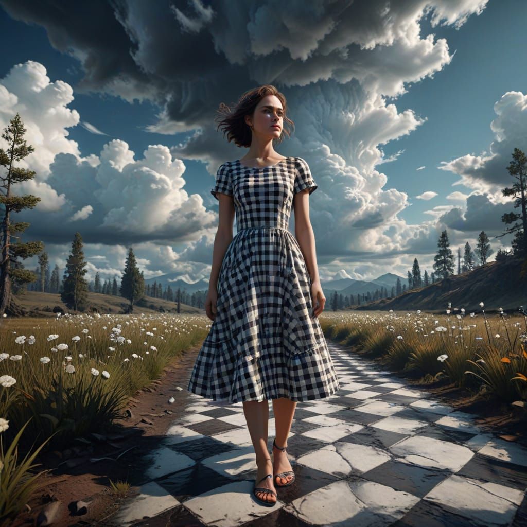 A surreal take on gingham, blending the checkered monochrome...